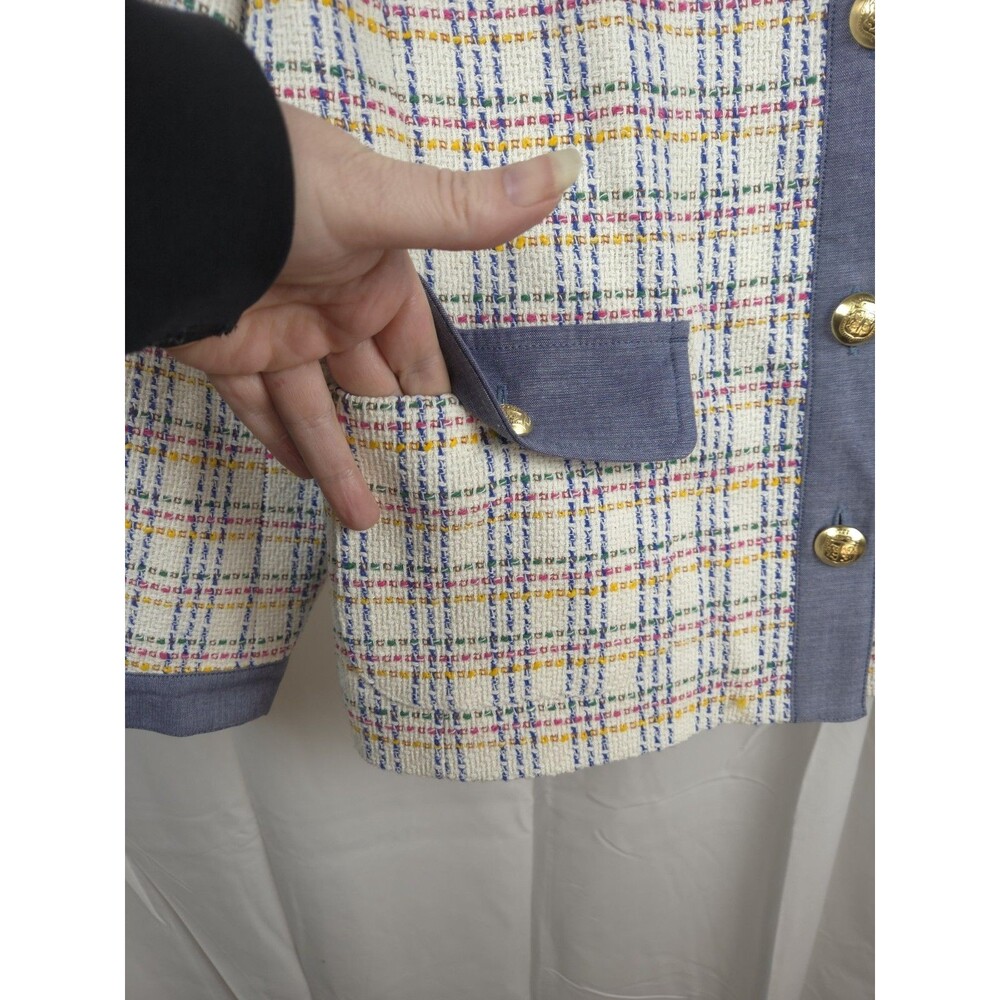 Talbots Tweed Jacket Blazer 16 Multicolor Plaid Gold Button Crop Long Sleeve - Picture 3 of 9